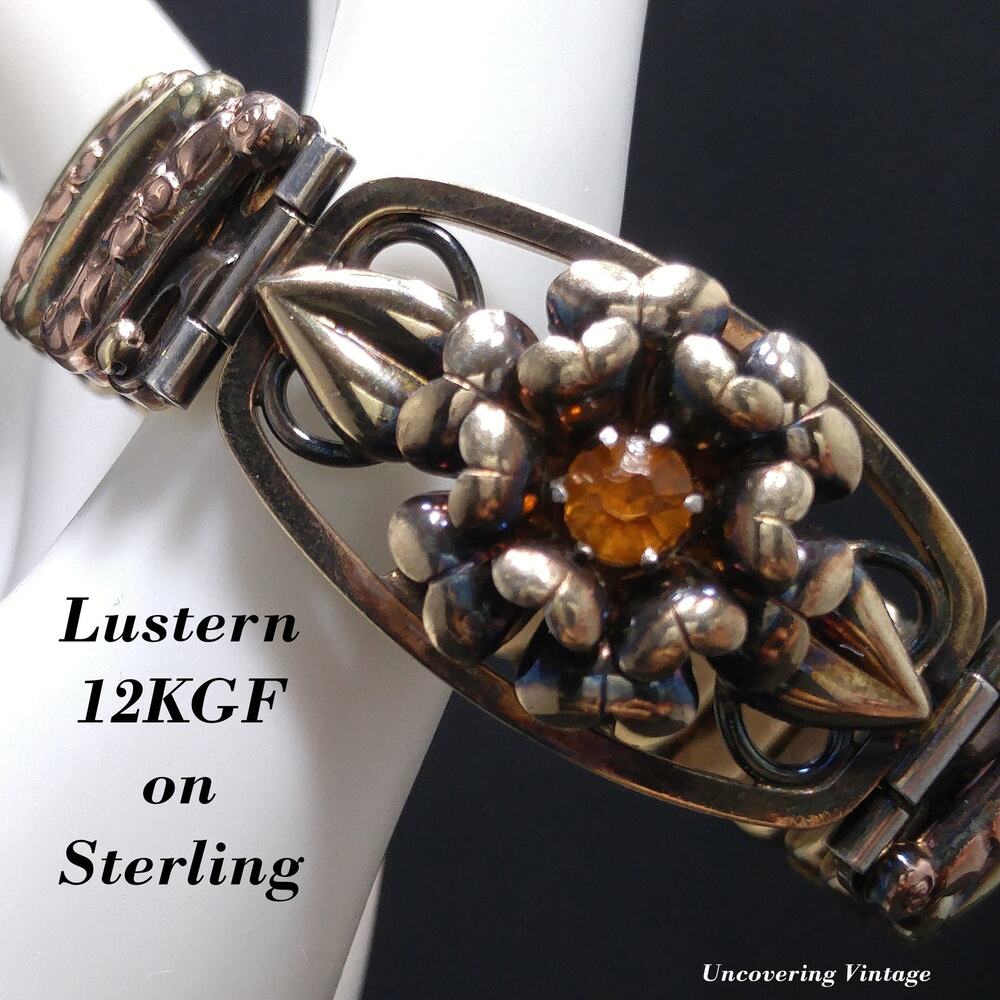 Antique Lustern Expansion Bracelet, 12KGF Sterling, Orange Rhinestone